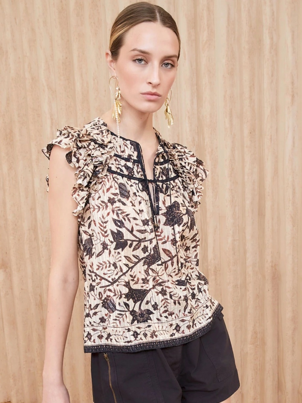 Ulla Johnson Asmara Top in Plumeria Ruffle Sleeve Cream/Black Printed Blouse 00